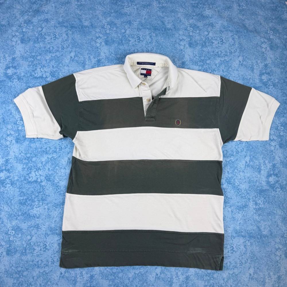 Tommy Hilfiger Mens Vintage Striped Polo Shirt Green White Crest Logo Size M